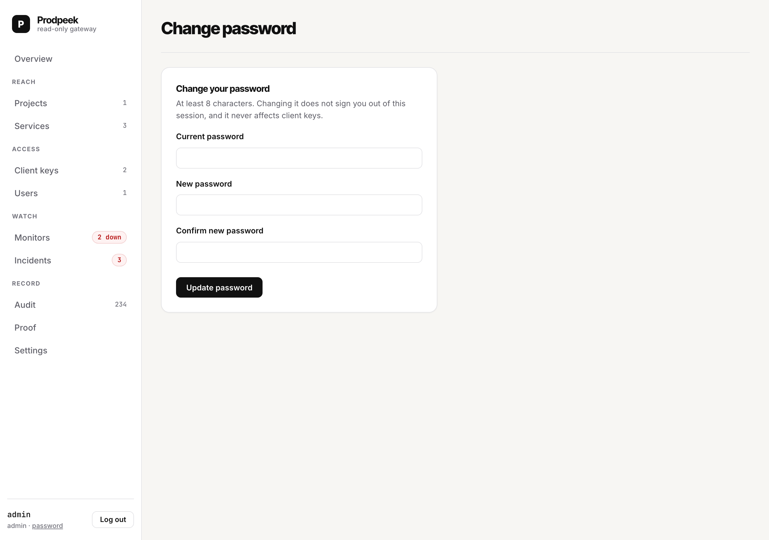 The Prodpeek console on first run, showing the change-password page