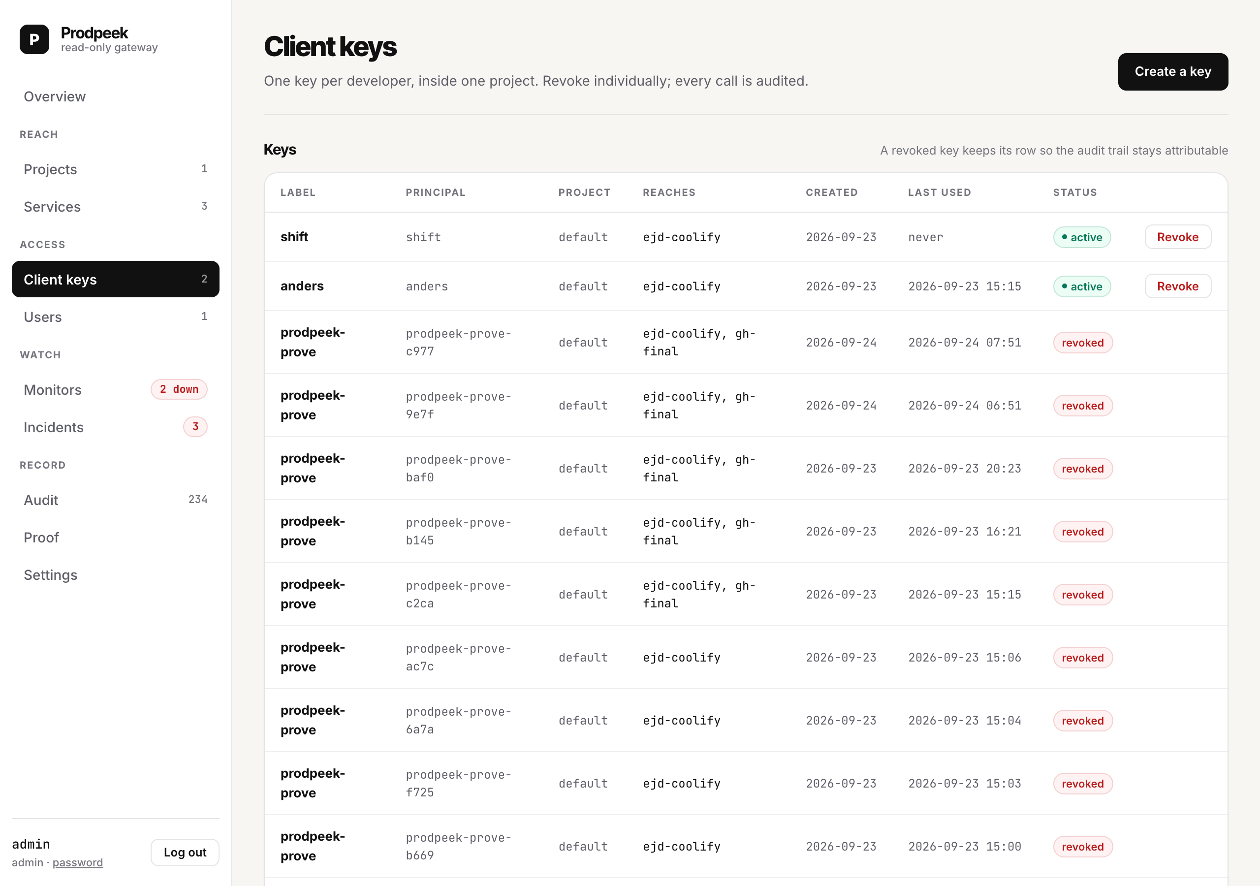 Minting a client key in the console